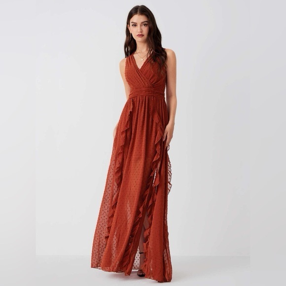 Cider Dresses & Skirts - Cider Woven V-Neck Ruffle Hem Split Maxi Dress Rust Burnt Orange XL NWT